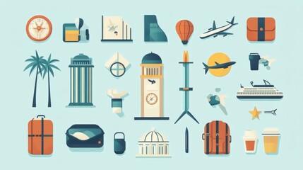 Flat design icon set for travel emphasizing symbolic representation.
