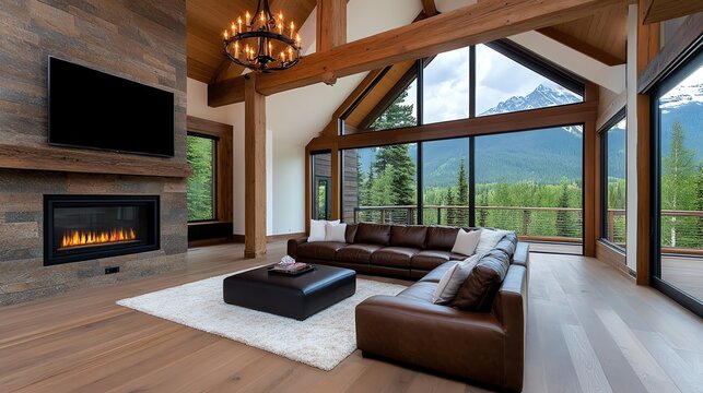 Elegant rustic living room with a leather sofa, chandelier, and wooden beams, rustic elegant living room, luxurious mountain style