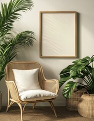Mockup frame in interior background, room in light pastel colors, Scandi-Boho style, 3d render, Generative AI