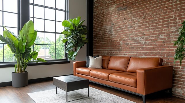 Industrial rustic living room with a brown leather sectional, exposed brick walls, and metal accents, rustic industrial living room, urban farmhouse