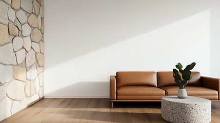 Minimalist rustic living room with a sleek leather sofa, stone coffee table, and wood floors, rustic minimalist living room, elegant simplicity