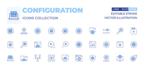 Configuration icons collection. Line Duotone style, editable stroke. implementation, settings, conversation, web settings, clipboard, iteration, integration, management