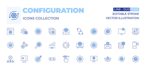 Configuration icons collection. Line Duotone style, editable stroke. configuration, mail, layers, settings, analytics, volume, monitor, search, bond