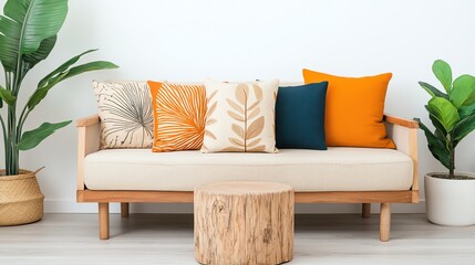 Rustic bohemian living room with a mix of wooden textures, fabric sofa, and patterned cushions, rustic boho living room, earthy and vibrant