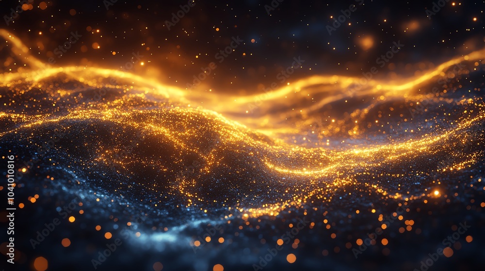 Poster abstract wavy lines illuminated with glowing particles against a dark background.