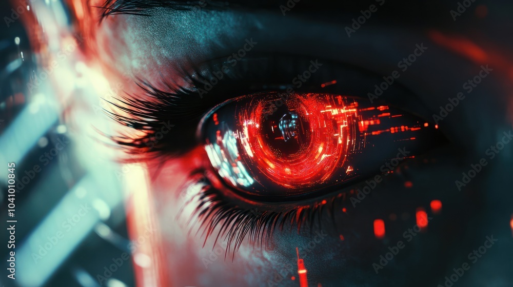Poster hacker or ai robot eye in dark tech space, cyborg vision on digital background. concept of cyber sec