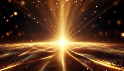 Yellowish gold light with floating particles on a dark background. Wallpaper. Background.