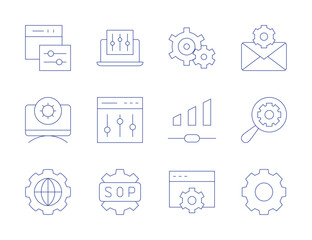 Configuration icons. Thin Line style, editable stroke. settings, web settings, mail, search, volume, sop, world