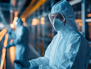 Scientists in protective gear working in a high-tech laboratory