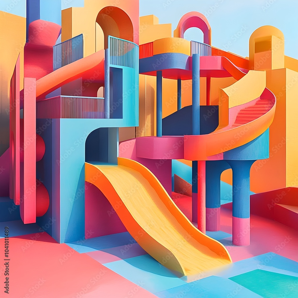 Wall mural surreal geometric playground vibrant futuristic structures defy spatial logic