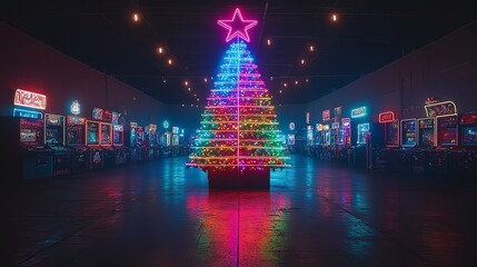 Colorful neon Christmas tree shining in a vibrant arcade setting, festive atmosphere.