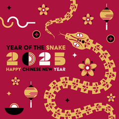 Happy Chinese new year 2025 Snake Zodiac sign, modern flat art design