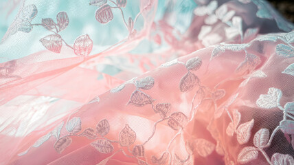 Translucent fabric with delicate floral pattern in soft pastel colors creates elegant and dreamy atmosphere. intricate design adds touch of sophistication and beauty