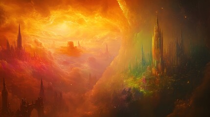 Obraz premium Ethereal Cloud City of Solidified Rainbows Inhabited by Winged Humanoids