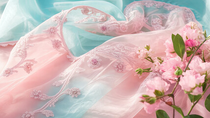 Delicate silky translucent fabric in soft pink and blue hues, adorned with intricate floral designs, beautifully complemented by fresh pink flowers, creating serene and elegant atmosphere