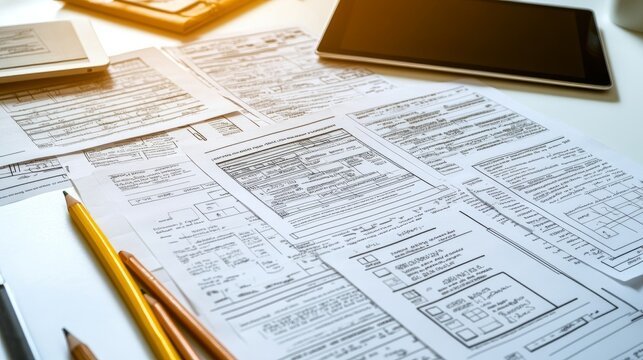 A close-up of a desk with scattered paperwork, pencils, a calculator and a tablet.