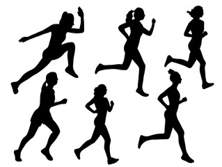 Silhouette running cardio person. Run woman silhouettes. Female runner training marathon jogging sport people. Set of runner Silhouette illustration.