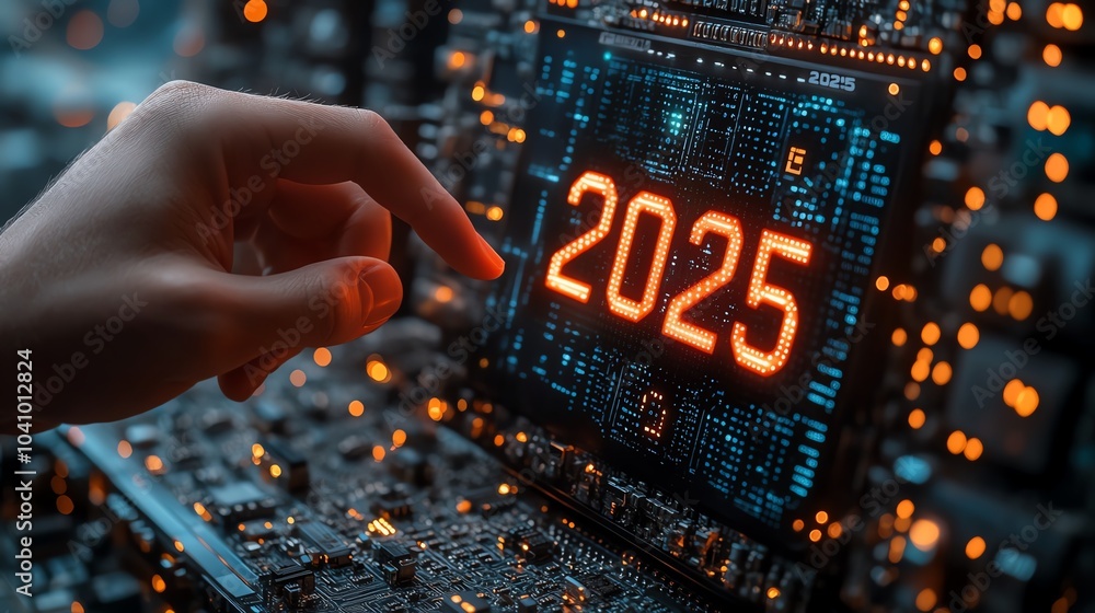 Poster hand touching digital display with the year 2025 on circuit board, futuristic concept.