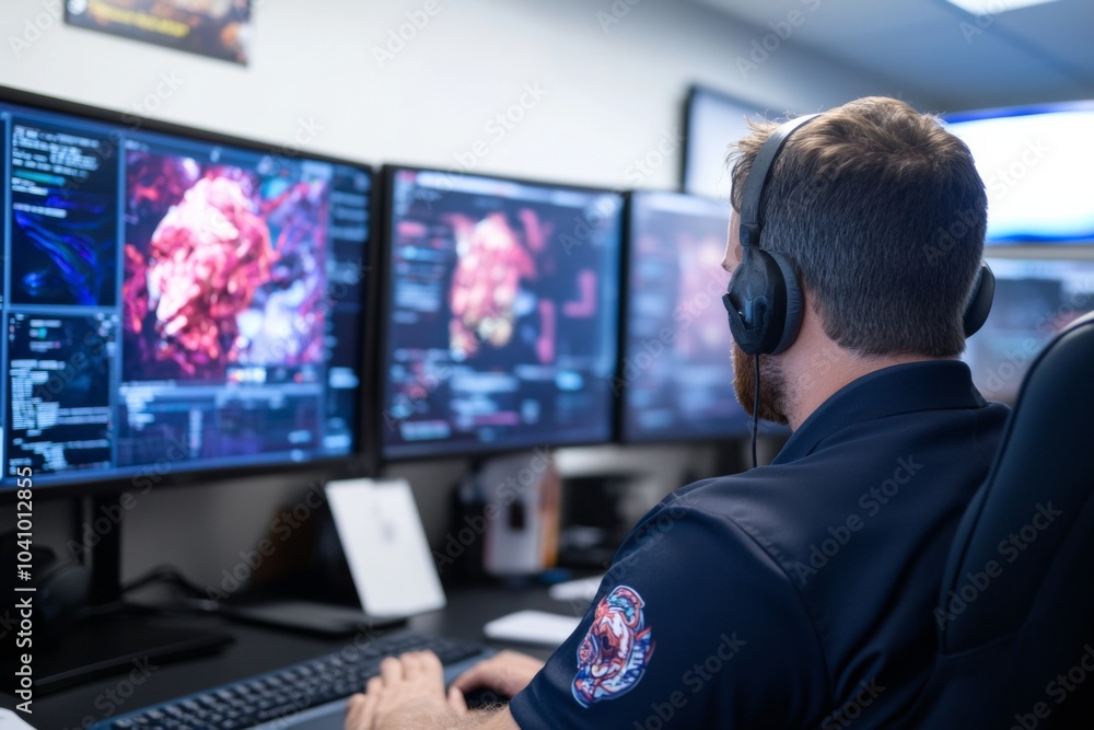 Poster focused investigator analyzing cybersecurity data in a modern forensics lab