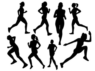Runner marathon woman silhouettes. Silhouette running cardio person. Female runner training marathon jogging sport people. Set of runner Silhouette illustration.