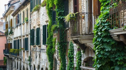 Fototapeta premium Ivy-Covered Balconies in Old European Architecture