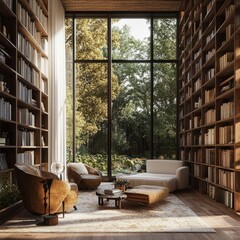 A modern, minimalist library with floor-to-ceiling bookshelves, a large window overlooking a lush green garden, comfortable seating, and a warm, inviting atmosphere.