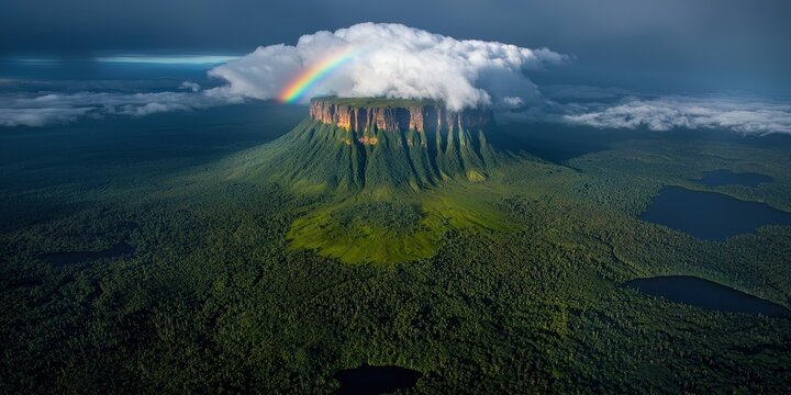 Majestic Mountain Peak with Rainbow and Clouds Over Lush Rainforest