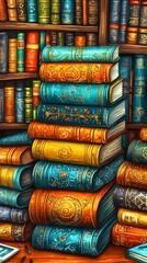 A stack of colorful, antique books sits on a wooden table in front of a bookshelf filled with more books.