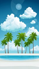 Fototapeta premium A tropical beach scene with palm trees, white sand, and blue water.