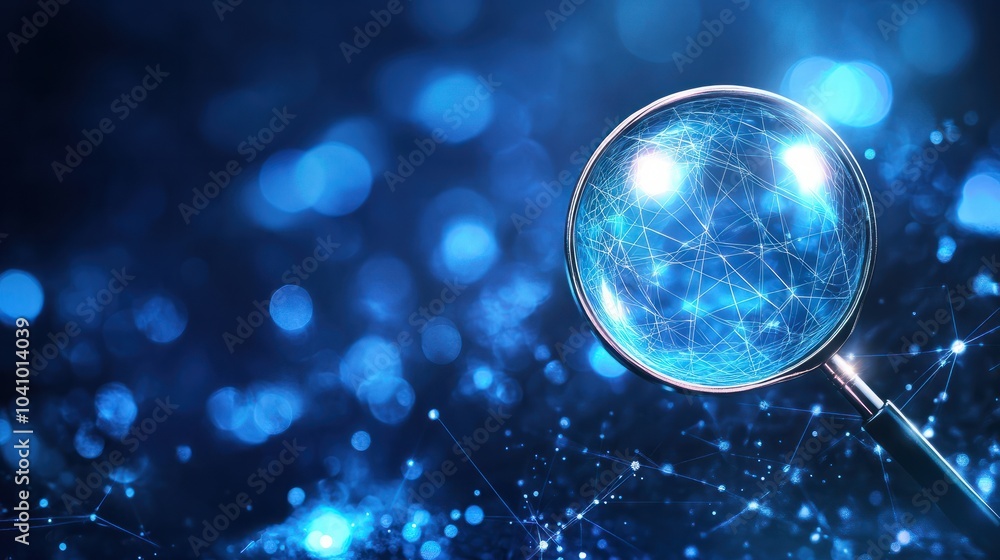 Poster internet search or data analysis concept, modern magnifying glass on a blue background with connecte
