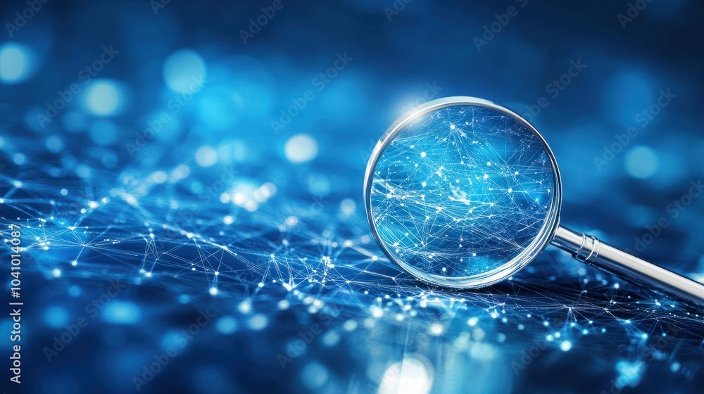Poster internet search or data analysis concept, modern magnifying glass on a blue background with connecte