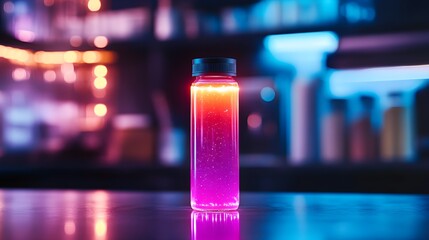 Neon-decorated smoothie bottle, transparent material, glowing in a brightly lit high-tech kitchen with cutting-edge equipment, isolated on white background