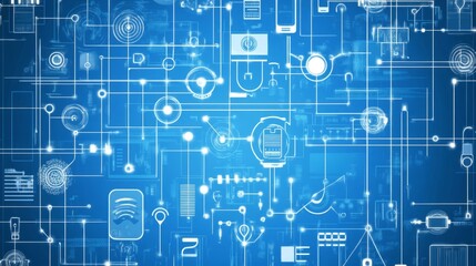 Obraz premium Abstract blue background with white digital icons and lines, representing technology and connectivity.