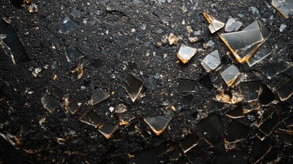 Shattered Glass on Black Surface,  Texture, Abstract, Background
