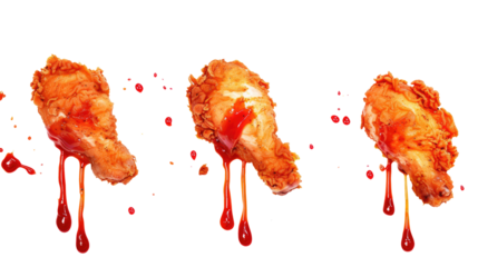 Three pieces of fried chicken with ketchup dripping isolated on transparent white background, clipping path