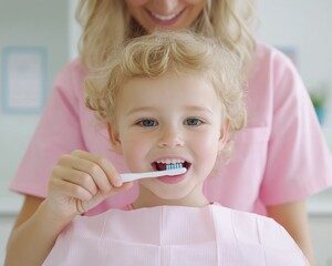 Child Learning Toothbrushing Techniques with a Dental Hygienist in a Clinic Setting