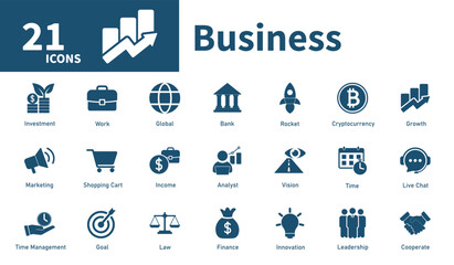 Business icon. Collection of solid vector icons about work, growth, finance, investment, innovation.