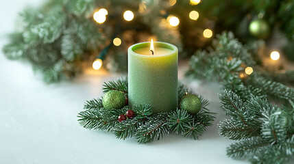 Green candle and fir, Christmas card concept