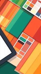 Flat lay of colorful swatches, color palettes, and a blank tablet, representing design inspiration.