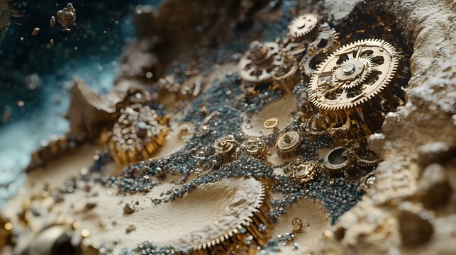 Intricate Clockwork Desert Landscape with Microscopic Mechanical Worlds