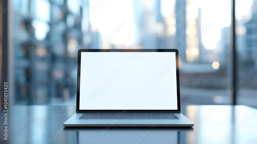 Poster modern laptop with blank screen on a table in a smart city office setting with blurred background