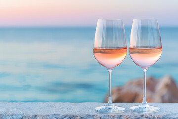 Romantic Rosé Sunset: Two glasses of chilled rosé wine stand poised on a stone wall, overlooking a breathtaking ocean sunset. The scene is idyllic, perfect for relaxation and romance. 