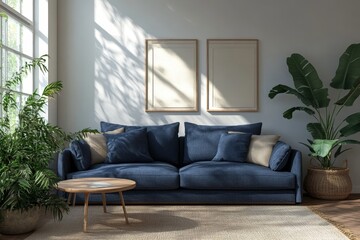 Modern home interior mock-up with dark blue sofa, table and decor in living room, 3d render, Generative AI