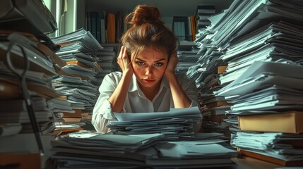 Overwhelmed by Paperwork: A businesswoman grapples with a towering stack of documents, her desk cluttered with the tools of a demanding profession, evoking the stress of deadlines and administrative 