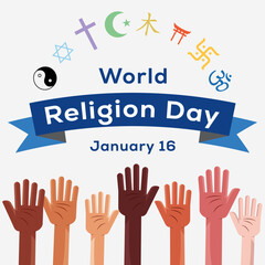 world religion day illustration with hands and religious symbols