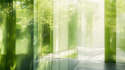 Green building reflection of trees in glass window transparant background