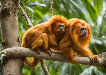 Endangered Golden Lion Tamarin Sitting on a Branch.