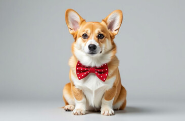 Cute corgi dog sits calmly, wearing a red bow tie against a gray background, creating a festive and stylish look