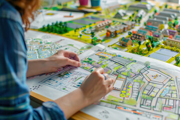 Urban planners sketching eco-friendly city layouts, solar panels, and green roofs, vibrant concept boards displayed