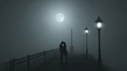 Romantic Silhouette of Couple Kissing on a Foggy Pier Under Moonlight with Street Lamp in the Background